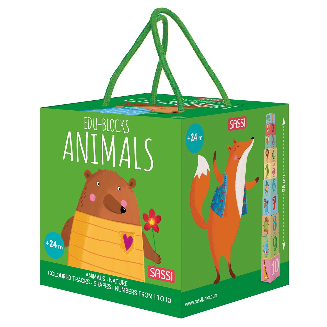 Sassi: Edu-Blocks - Animals - 10 Stacking Cubes & Booklet Set, Nature-Colored Tracks-Shapes-Numbers-Animals, Learn & Play Education, Kids-Toddlers 2+
